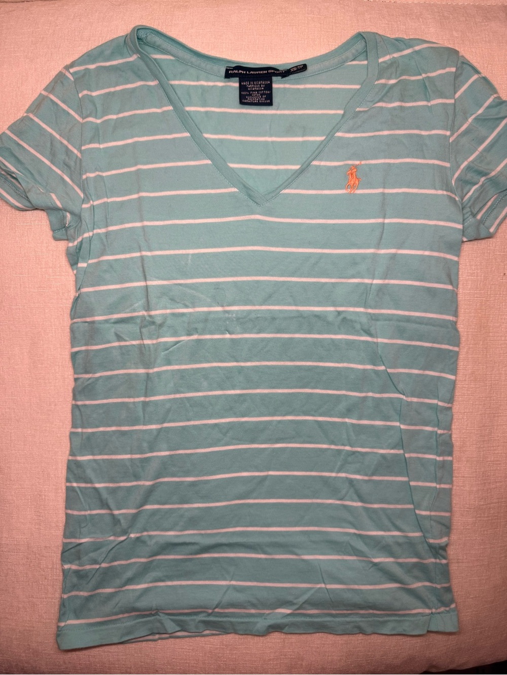 Ralph Lauren Aqua and White Striped V-Neck Tee